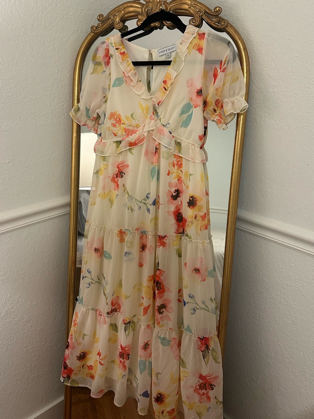 Piper & Scoot Cream Floral Maxi Dress with Ruffle Trim